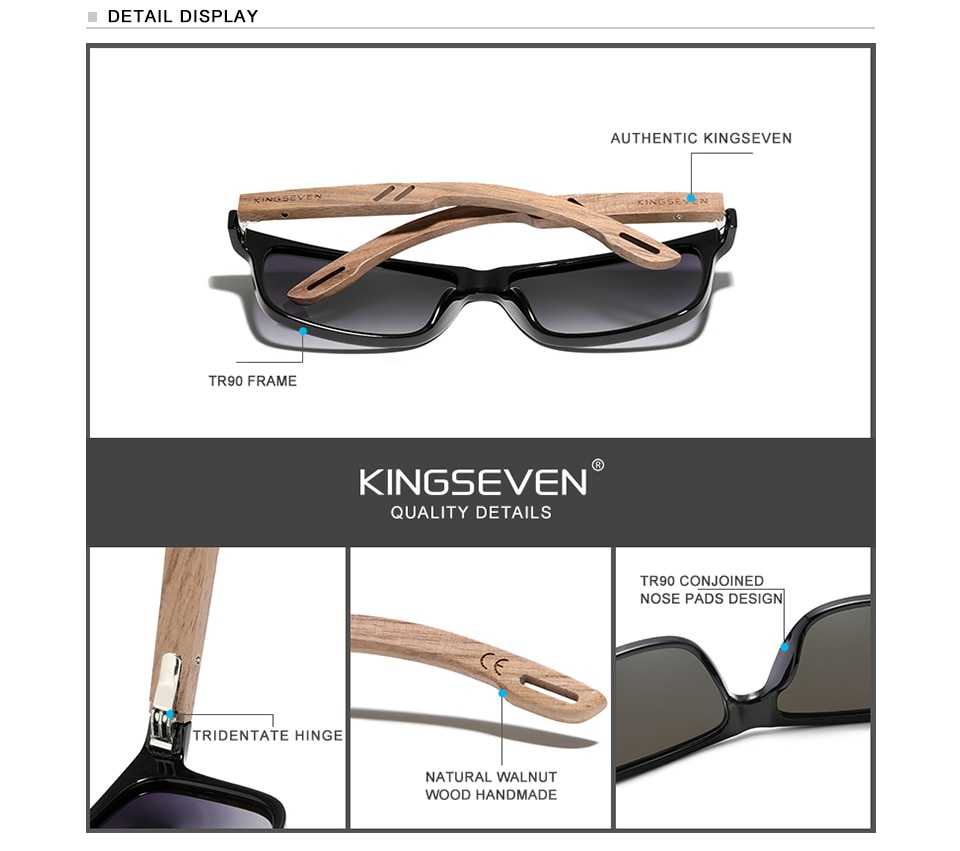KINGSEVEN Brand Design TR90+Walnut Wood Handmade Sunglasses