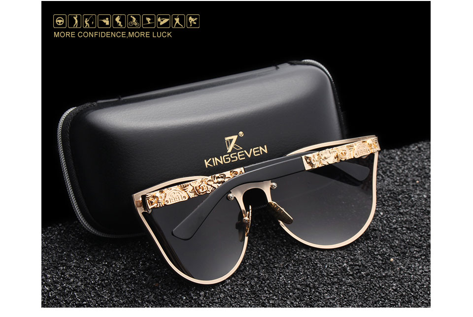 KINGSEVEN Luxury Brand Fashion Women Gothic Mirror Eyewear Skull Frame Metal Temple Oculos de sol UV400 With Accessories