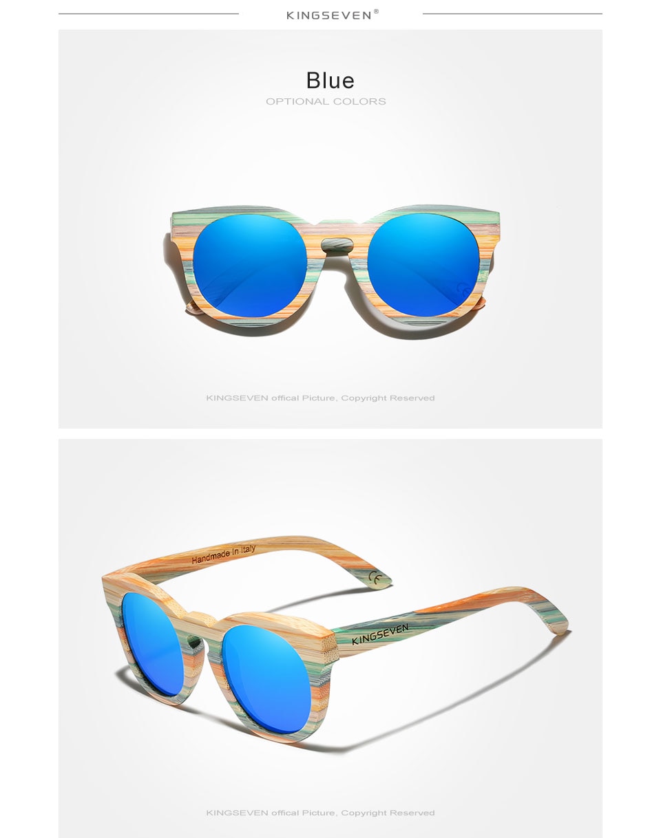 KINGSEVEN Handmade Round Bamboo Sunglasses Men Women Polarized Mirror Lens Sun Glasses Full Frame Wood Shades Custom Logo