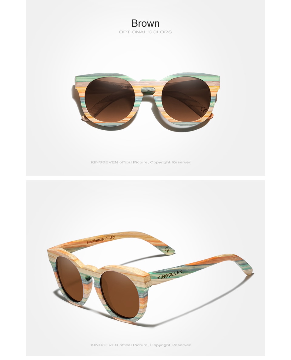 KINGSEVEN Handmade Round Bamboo Sunglasses Men Women Polarized Mirror Lens Sun Glasses Full Frame Wood Shades Custom Logo