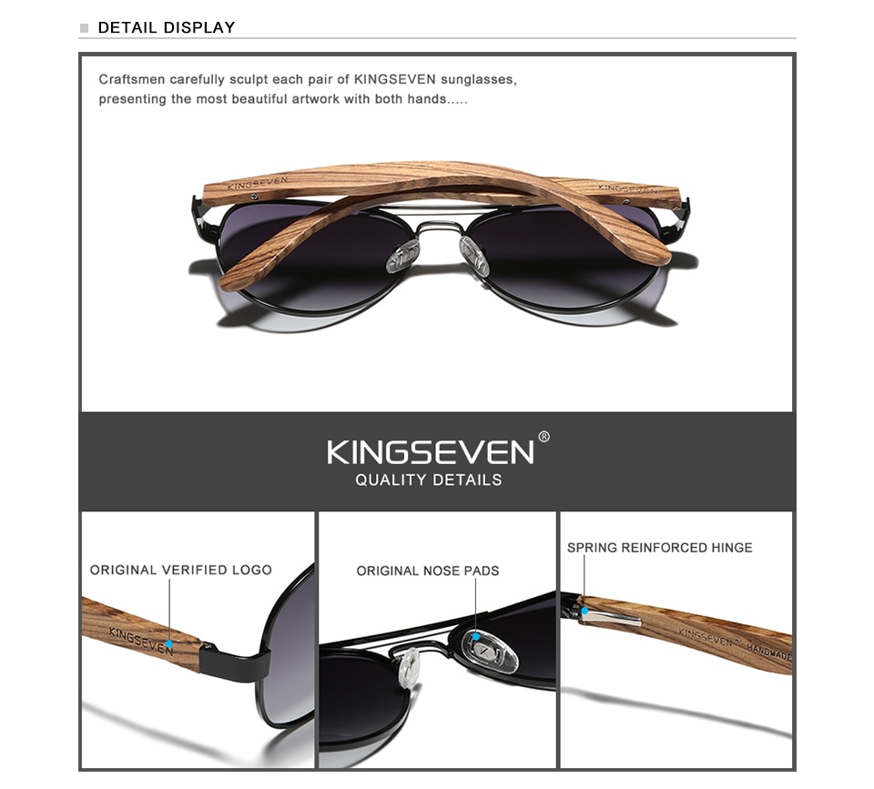 KINGSEVEN High Quality Natural Zebra Wood Temple+Alloy Frame Men Sunglasses Women UV400 Sun Glasses HD Polaiized Lens Eyewear